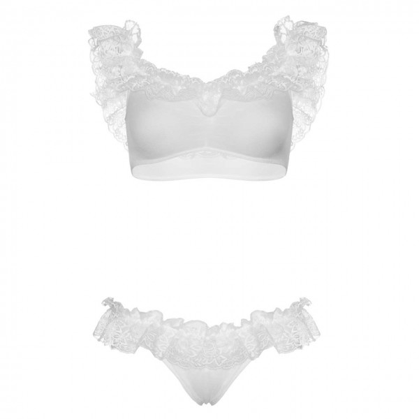 Leg Avenue 81616 Bralette Tanga Set mit Spitzenrüschen weiß 0082