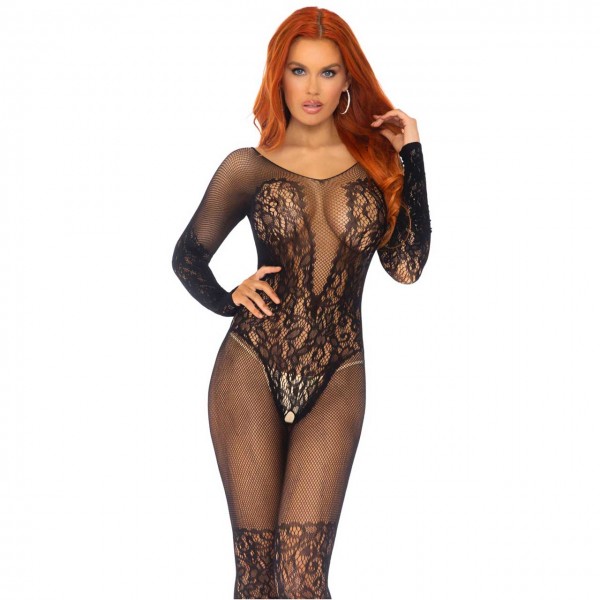 Schwarzer Dessous Bodystocking Netz Spitze Leg Avenue 89190 0097