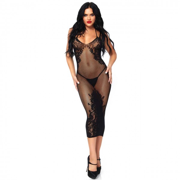 Schwarzes Netzkleid mit Spitze und Schnüroptik Leg Avenue 86064 0088